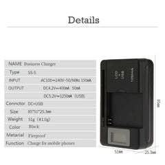 شاحن بطارية محمول بشاشة LCD عالمية مع منفذ USB لشواحن الهواتف المحمولة 32-55 مم لشحن البطارية، قابس الولايات المتحدة والمملكة المتحدة والاتحاد الأوروبي