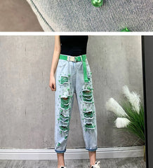 High Waist Skinny Jeans Women's Thin Denim Pants Bell Bot Casual Loose Fit Nine-Tenths Length Hole Design Harlan Sle