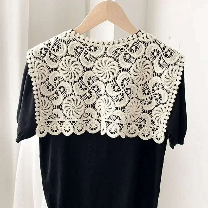 Women Shrugs Lace Hollow Out Female Summer Casual All-match Shawls Simple Scarf-collar Sleeveless Knitted Tops Korean Style Chic