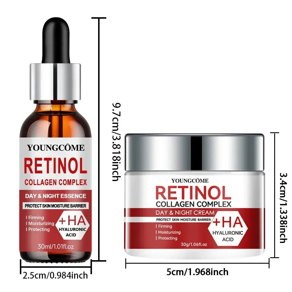 Retinol moisturizing repair set size chart: dropper bottle and cream jar with dimensions