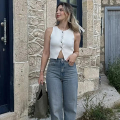 سترة نسائية محبوكة وردية اللون بدون أكمام، سترة نسائية قصيرة، سترة نسائية بأزرار صفراء، صدرية نسائية أنيقة، ملابس محبوكة