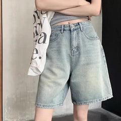 Denim Pants with Side Pockets Vintage High Waist Denim Shorts for Women Wide Leg Streetwear Jeans with Button Closure Zipper
