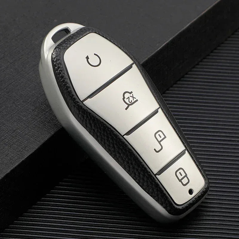 TPU 4-button car key fob case with white panel, black trim, and 4 icon buttons.