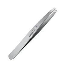 Stainless steel eyebrow tweezer clip with slanted tips and printed label