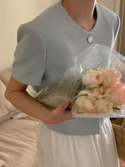 Chic Korean Sle round Ne Metal Single Button Loose ort Sve Outerwear for Women Summer Faion Commute Pure Color