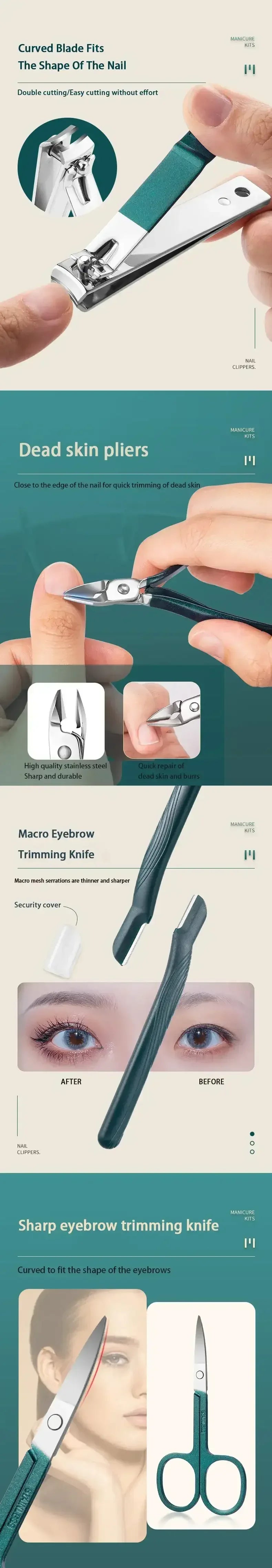 Nail care kit tools shown with precision tweezers and nail scissors