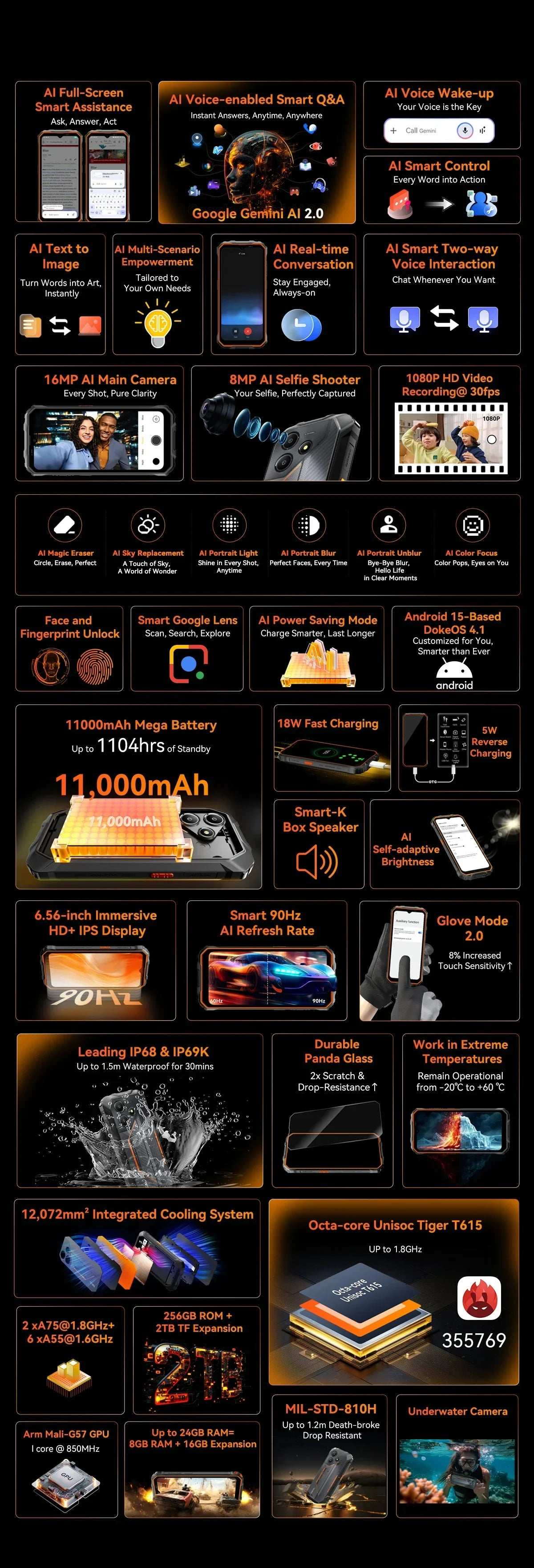 Blackview OSCAL Marine 2 Rugged Phone 8GB RAM 256GB Smartphone AI 11000mAh Battery 6.56 " HD+Display Unisoc T61 Android 15 NFC