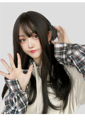 Korea Hair Extensions Synthetic Cute JK Girl Cosplay Air Bangs Wig Breathable Head Cover 50cm Long Straight Wig Hat for Women