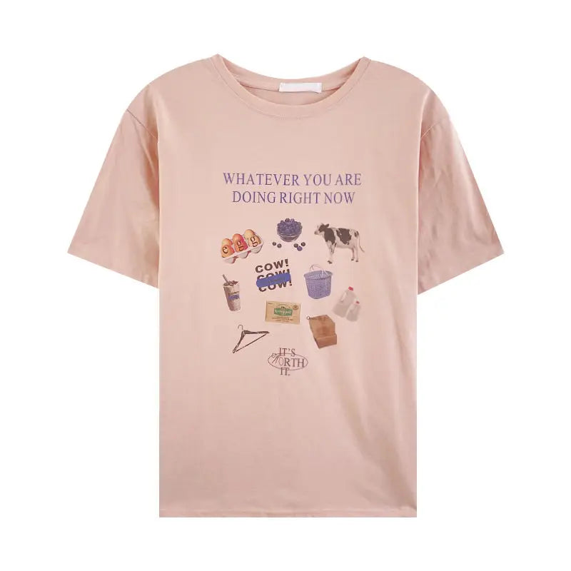 Sweet Japanese Sle Pink Cotton ort Sve T-irt Women Loose Slimming Summer Thin round Ne Student f Sve Top