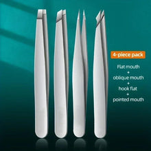 Four stainless steel tweezers with flat, oblique, hook, and pointed ends