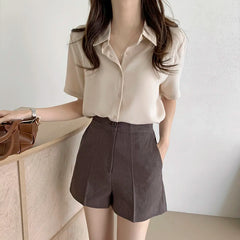 Ele Chiffon irt ort Sve Summer New Loose Collar  Ne White Top Women's Faion Commute Sle Straight Cut