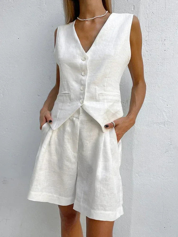 Summer European and American Design Sense Cotton and Linen Suit Vest Suit Women's Casual Sleeveless Vest Shorts Two-piece Set - Mumzar