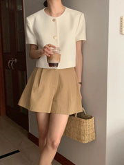 Chic Korean Sle round Ne Metal Single Button Loose ort Sve Outerwear for Women Summer Faion Commute Pure Color