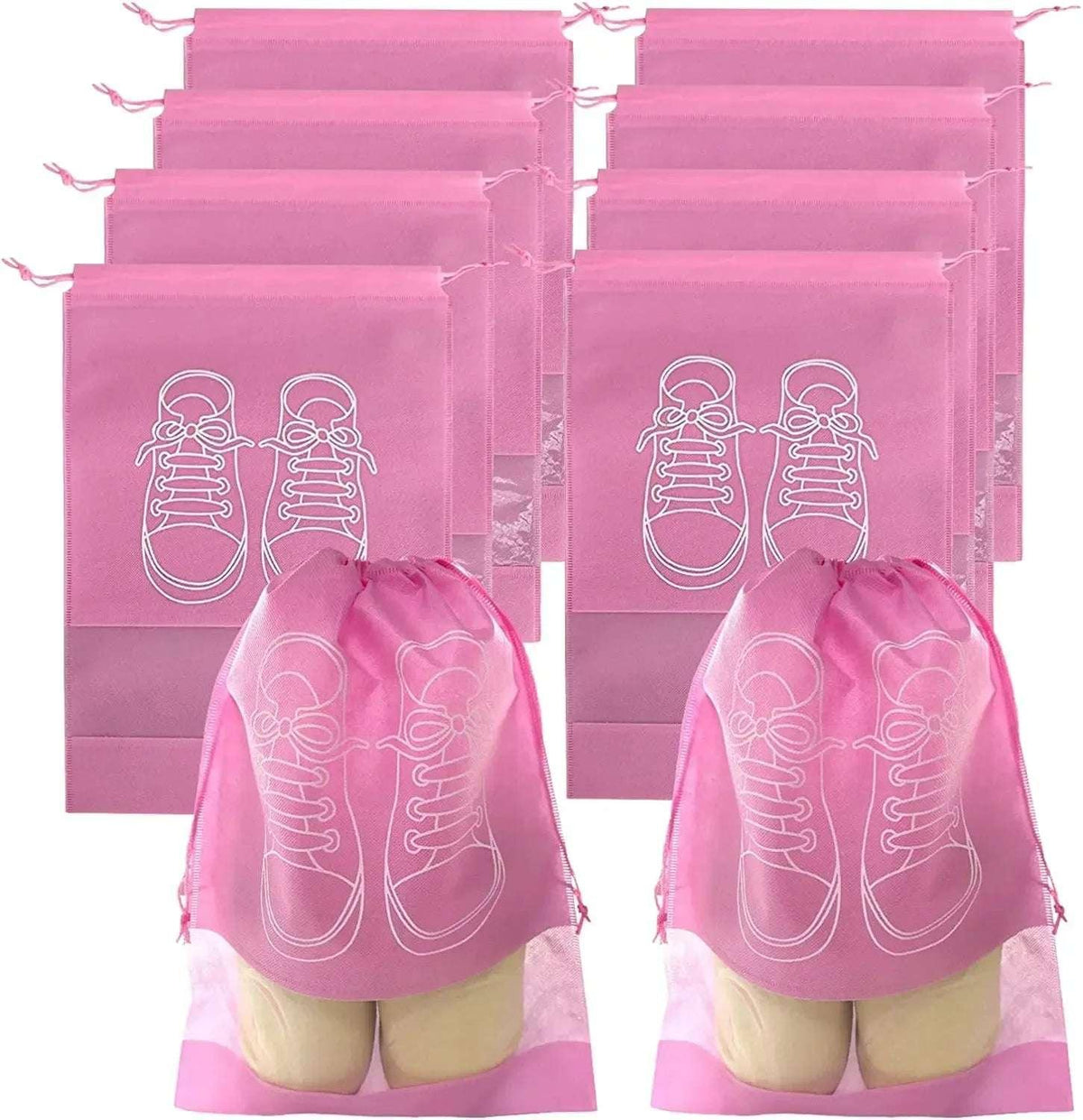 Pink non-woven shoe dust storage bags set with drawstring and white shoe graphic