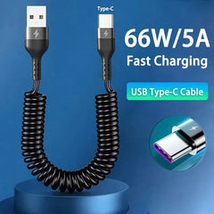 كابل USB Type C 66W Car 5A للشحن السريع من النوع C إلى النوع C كابل تلسكوبي زنبركي لهاتف iPhone 15 Samsung Huawei Xiaomi Redmi OnePlus