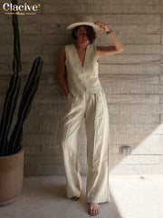 Clacive Summer White Linen Two Piece Set For Women 2024 Fashion Sleeveless Tank Top New In Matching High Waist Wide Pants Set