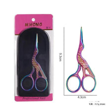 Stainless steel facial hair trimming scissors with purple and blue loop handles