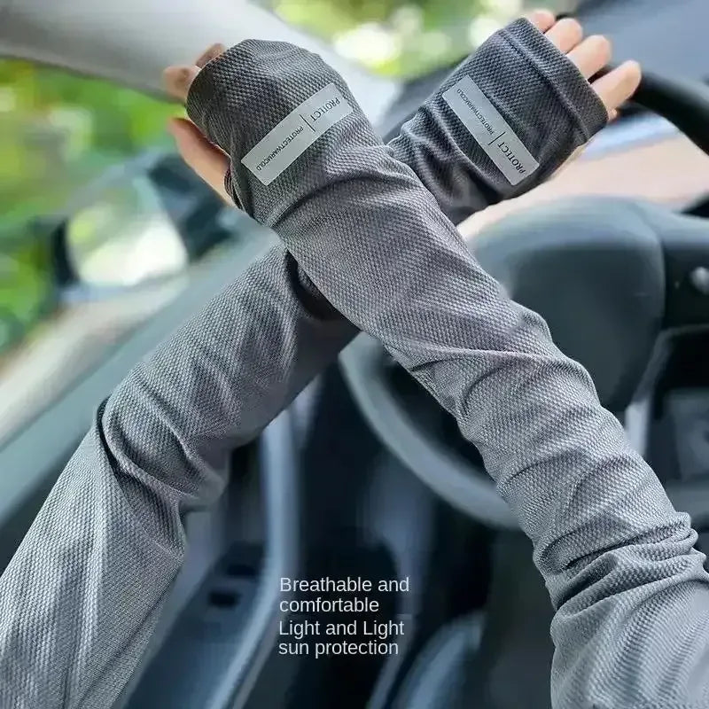 Oversized gray ice sleeves with thumb loops, breathable UV arm covers