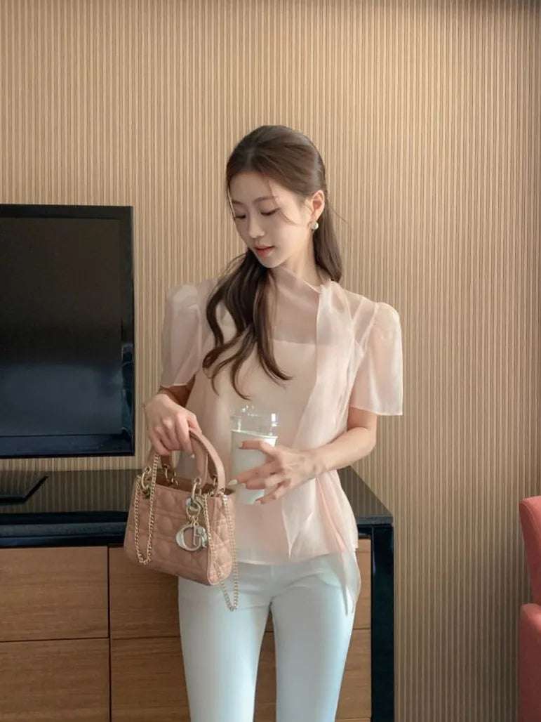 Faionable  Knot ort Sve See-tough Chiffon Top with Tie Ne Design Sweet Loose Fit Polyester Summer irt