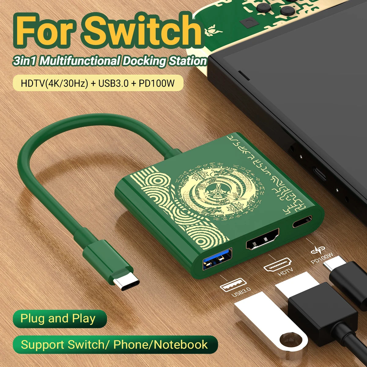 4K Switch TV Docking Station 3 In 1 USB-C Game Hub With USB3.0 HDMI PD 100W For Laptop ，Nintendo Switch/Switch OLED，Mobile Phone