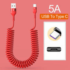 Car USB Type C/Type C to Type C/USB LIGHTNING Fast Charging Spring Telescopic Cable For iPhone 16 15 14 Samsung Xiaomi OnePlus