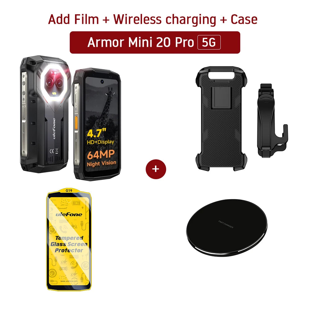 هاتف Ulefone Armor Mini 20 Pro 5G 4.7 بوصة هاتف متين 64 ميجابكسل كاميرا ليلية أندرويد 14 هاتف ذكي 6200 مللي أمبير 16 جيجابايت + 256 جيجابايت هاتف محمول LED
