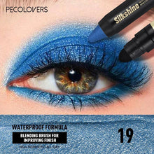 2-in-1 eye shadow stick with sponge tip applying bright blue shimmer near eye