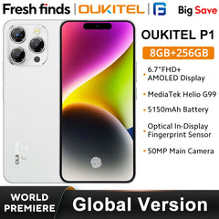 هاتف OUKITEL P1 الذكي بشاشة AMOLED مقاس 6.7 بوصة ومعالج MTK Helio G99 وذاكرة وصول عشوائي (8 جيجابايت) وذاكرة تخزين داخلية (256 جيجابايت) وكاميرا 50 ميجابكسل وبطارية 5150 مللي أمبير في الساعة ونظام NFC ونظام تشغيل Android 14