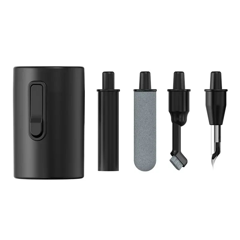Black multi-tool cleaning kit with accessory tools arranged beside the canister