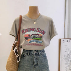 Anti-Aging Cartoon Print ort Sve Women's T-irt Loose Fit Summer Casual round Ne oulder Appropriate Outerwear