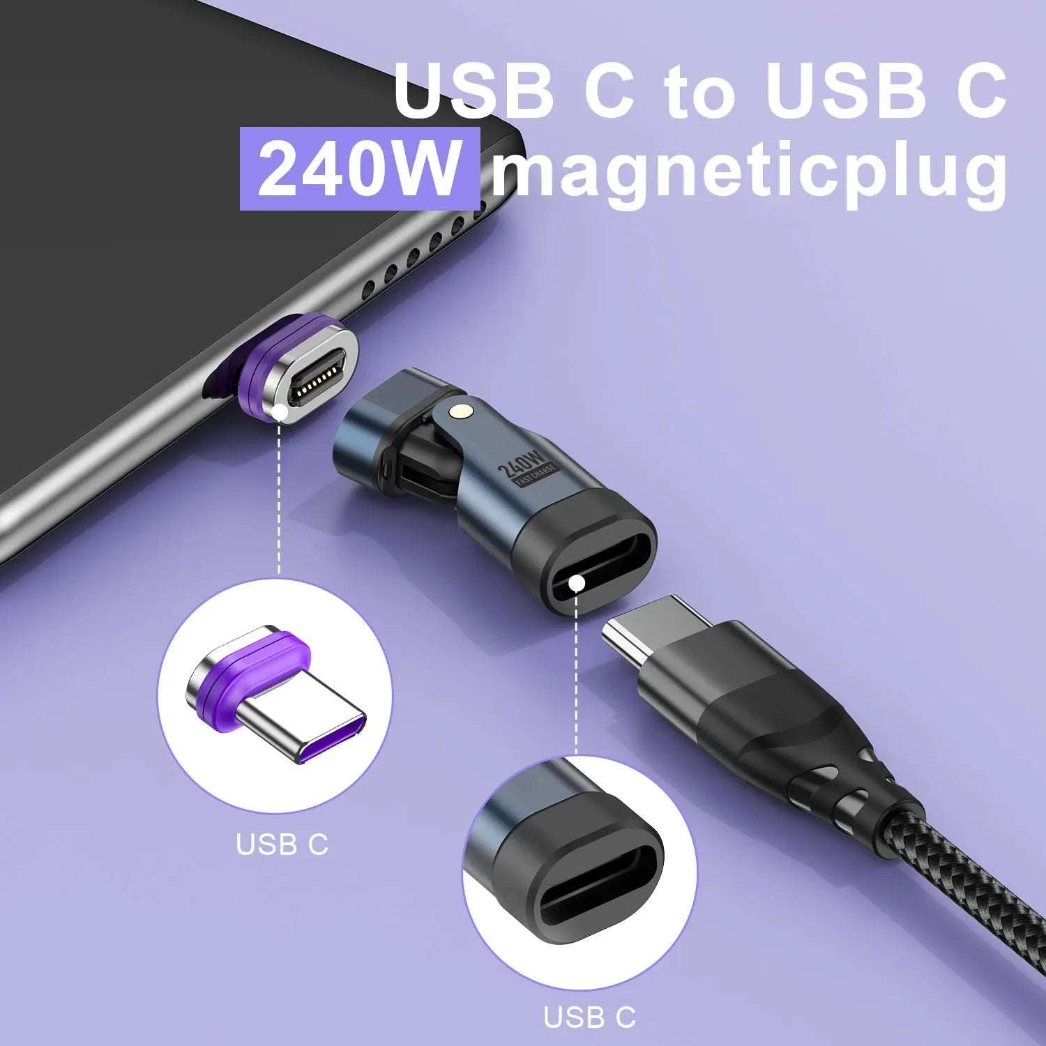 3 IN 1 240W USB-C to Type-C Adapter 180° Rotation Magnetic Fast Charging Type C Female Converter for Macbook Pro iPhone 16 15
