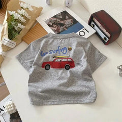 Child Short Sleeve Bottoming Shirt Cartoon Car Print Tops Solid Color Fashion Casual Wear 0-6Age Boys Summer Trendy Clothing