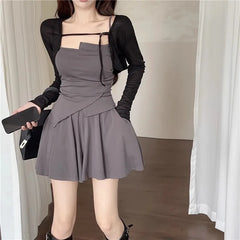 Sweet And Spicy Slim Fit Knitted Open Cardigan And  Skirt Women's Summer Tee Piece Set Faionable Asymmetrical Design