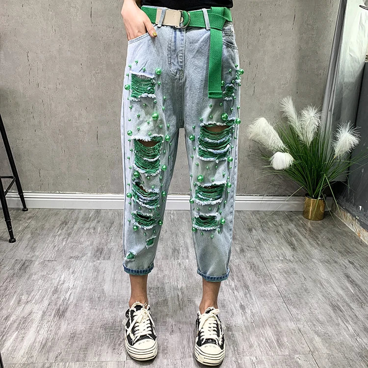 High Waist Skinny Jeans Women's Thin Denim Pants Bell Bot Casual Loose Fit Nine-Tenths Length Hole Design Harlan Sle