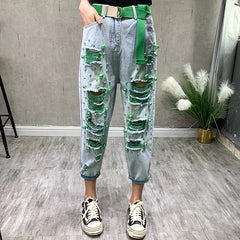 High Waist Skinny Jeans Women's Thin Denim Pants Bell Bot Casual Loose Fit Nine-Tenths Length Hole Design Harlan Sle