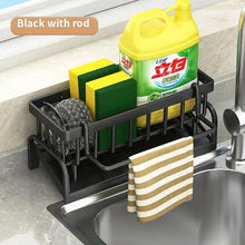 Black sink drying rack organizer with rod bars for towels, scrubber and soap bottles