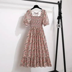 Pink floral chiffon A-line dress with puff sleeves, elastic waist, tiered skirt