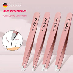 4PCS Precision Stainless Steel Tweezers For Eyebrow Hair Facial Hair Removal Splinter Blackhead Slant Tip Angle Tip Pointed Ti