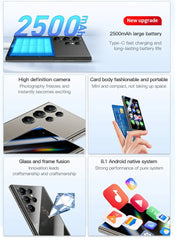 SOYES S24 Pro Max mini smartphone collage showing 2500mAh battery quad camera closeup compact card body and Android apps