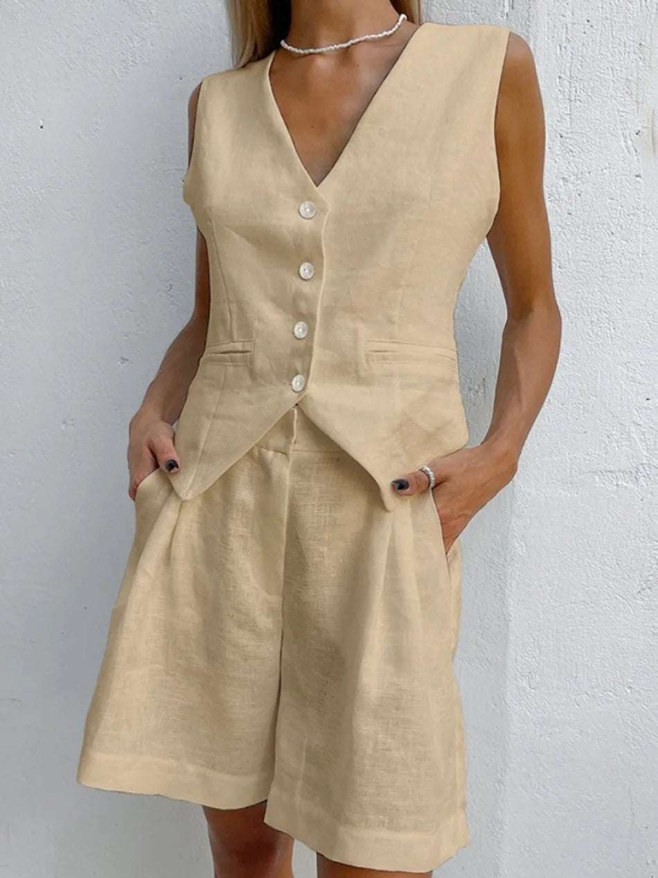Summer European and American Design Sense Cotton and Linen Suit Vest Suit Women's  Casual Sleeveless Vest Shorts Two-piece Set