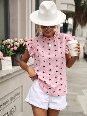 Fashion Chiffon Print Women's Shirt Casual Ruffle Short Sleeve Top Pink Chic Woman Blouse And Shirts Elegant Blouses Summer 2024