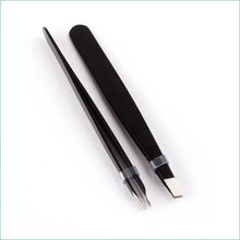 Black eyebrow tweezers with slant stainless tips, pair