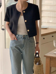 Chic Korean Sle round Ne Metal Single Button Loose ort Sve Outerwear for Women Summer Faion Commute Pure Color
