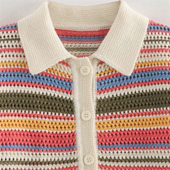 2024 Autumn European And American New Women's Fashion Casual Stripe Printed Short Sleeve Flip Collar Cardigan Casual Shorts Set
