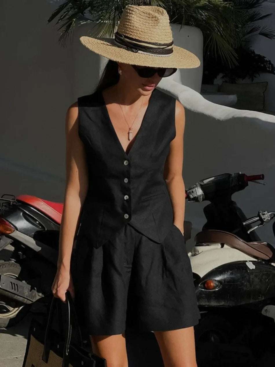 Summer European and American Design Sense Cotton and Linen Suit Vest Suit Women's  Casual Sleeveless Vest Shorts Two-piece Set