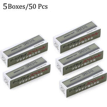 50 pcs eyebrow trimmer razor blade boxes, green packaging shown in multiple stacks