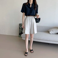 Ele Chiffon irt ort Sve Summer New Loose Collar  Ne White Top Women's Faion Commute Sle Straight Cut