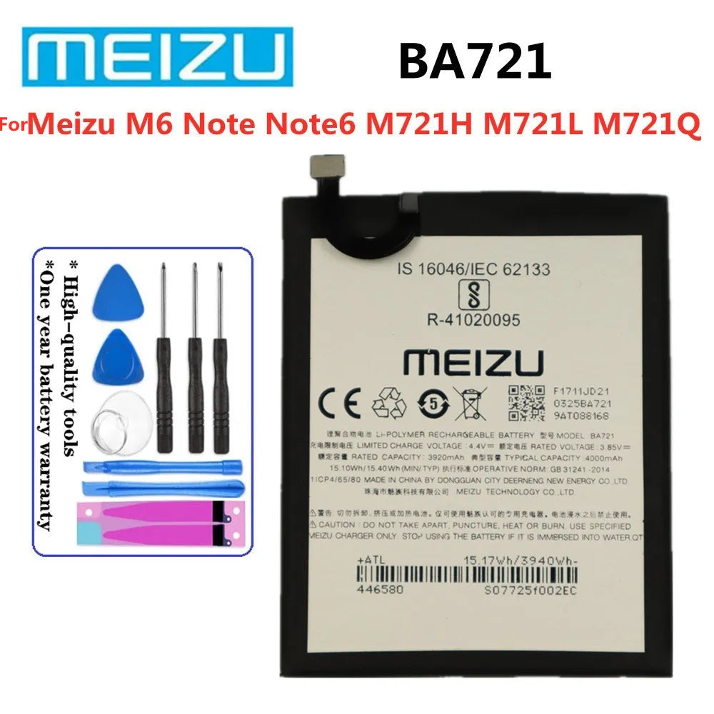 بطارية أصلية 100% BA721 بسعة 4000 مللي أمبير في الساعة لهاتف Meizu M6 Note Note6 M721H M721L M721Q، بطارية هاتف عالية الجودة متوفرة في المخزون