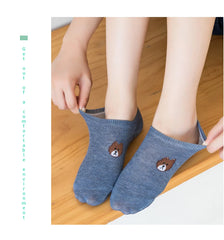 5/10 Pairs of WOMEN and MEN Cotton Socks, Casual Breathable Short Socks, and Girls' Cartoon Bear Low Cut Ankle Boat Socks