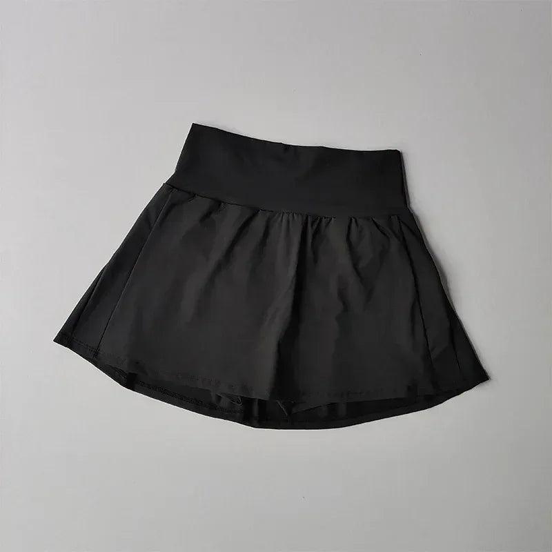 Black high-waist pleated sport skirt with flared gathered panels